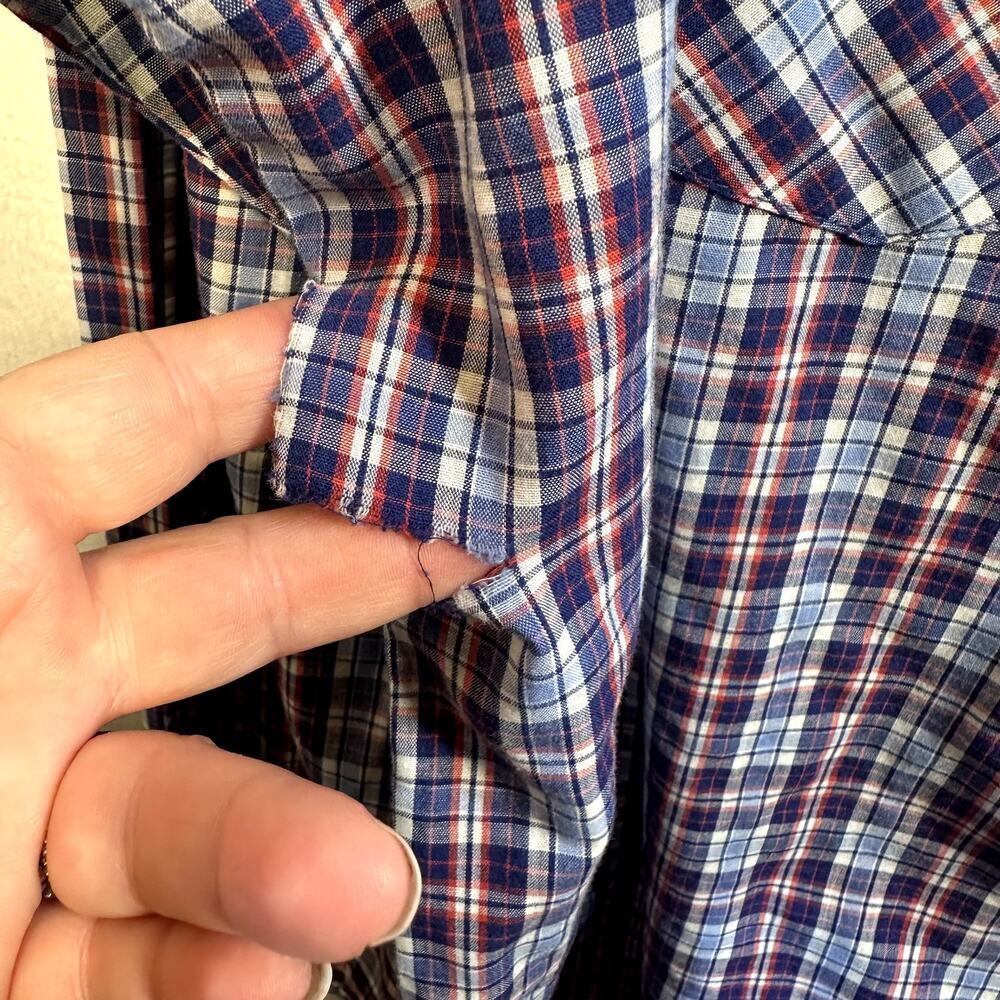 Wrangler Western Pearl Snap Shirt Mens SZ XL Tall Blue Red Plaid Cowboy Rodeo - Picture 7 of 12